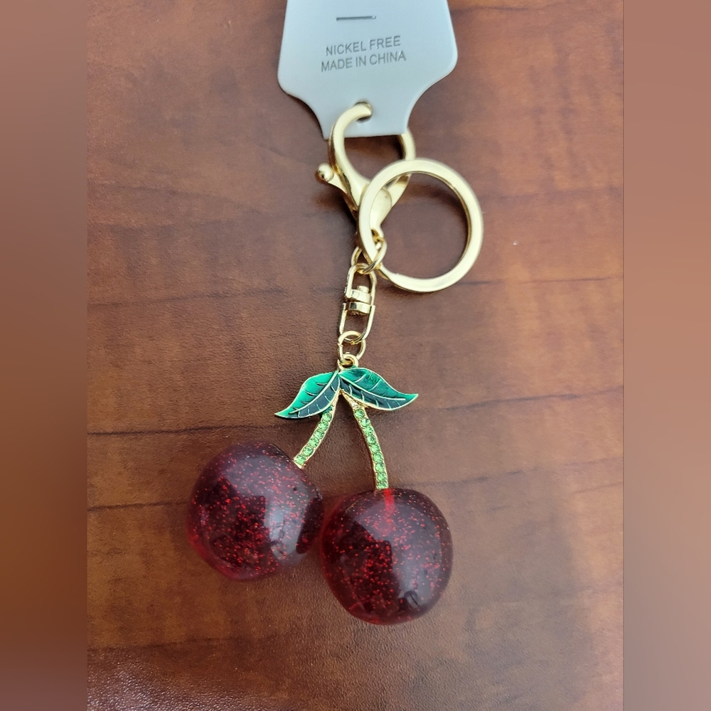 Glittery Cherry Keychain with Gold Accents NWT